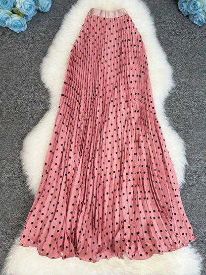 Polka Dot Print High Elegant A-line Pleated Long Skirt For Women 2025 Spring autumn Office Lady Casual Leopard Skirts