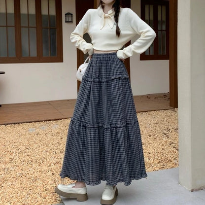 Qiukichonson 100%Cotton Plaid Skirt Women 2026 Spring Autumn Korean Casual High Waisted A-Line Ruffles Midi Long Maxi Skirts rok