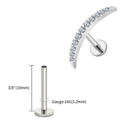 Right Grand ASTM F136 Titanium Long Crescent Moon Labret with CZ 16G Screw Back Climber Earring Helix Cartilage Tragus Piercing