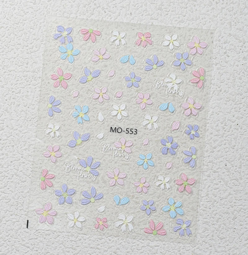 5D Embossed Nail Art Decals Elegant Petals Florals Daisy Flowers Leaves Adhesive Sliders Stickers For Manicure Tips Decoration