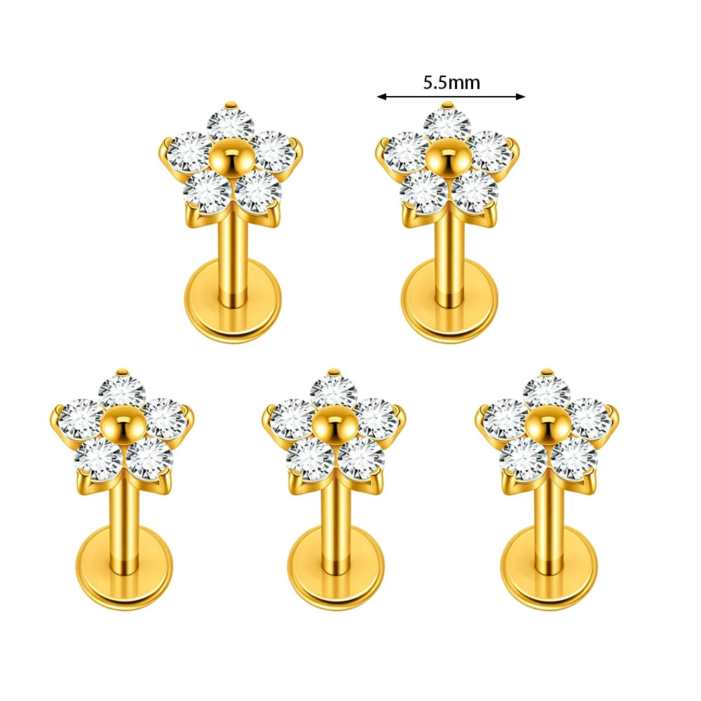 1/5PCS F136 Implant Titanium Earrings Stud,Trendy Flower Zirconia Cartilage Earrings,Tragus Conch Helix Piercing Jewelry