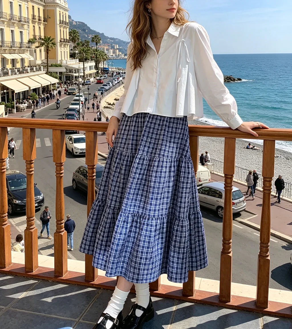 Women Vintage Blue Plaid Tiered Long Skirt High Waist Loose Pleated Maxi Skirt Casual A Line Flowy Ruffled Hem Midi Skirt Street