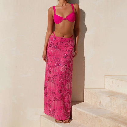 Elegant Beading Sequined Long Skirt for Women Summer Casual Floral Embroidery Maxi Straight Skirts for Beach Club Streetwear