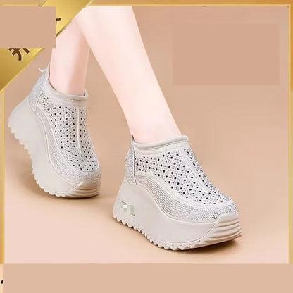 Hollow Sandals Rhinestones Fashion Genuine Leather Women Chunky Sneakers Female Summer Height Increasing Ladies Shoes