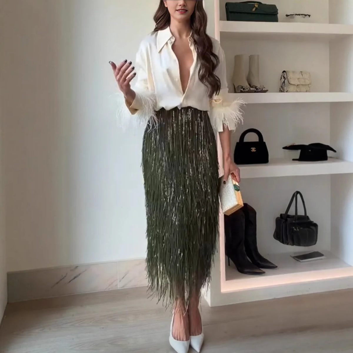 Women Chic Tassel Sequin Irregular Long Skirt High Waist A-line Casual Skirts 2026 Summer Autumn Lady Shiny Street Party Clothes