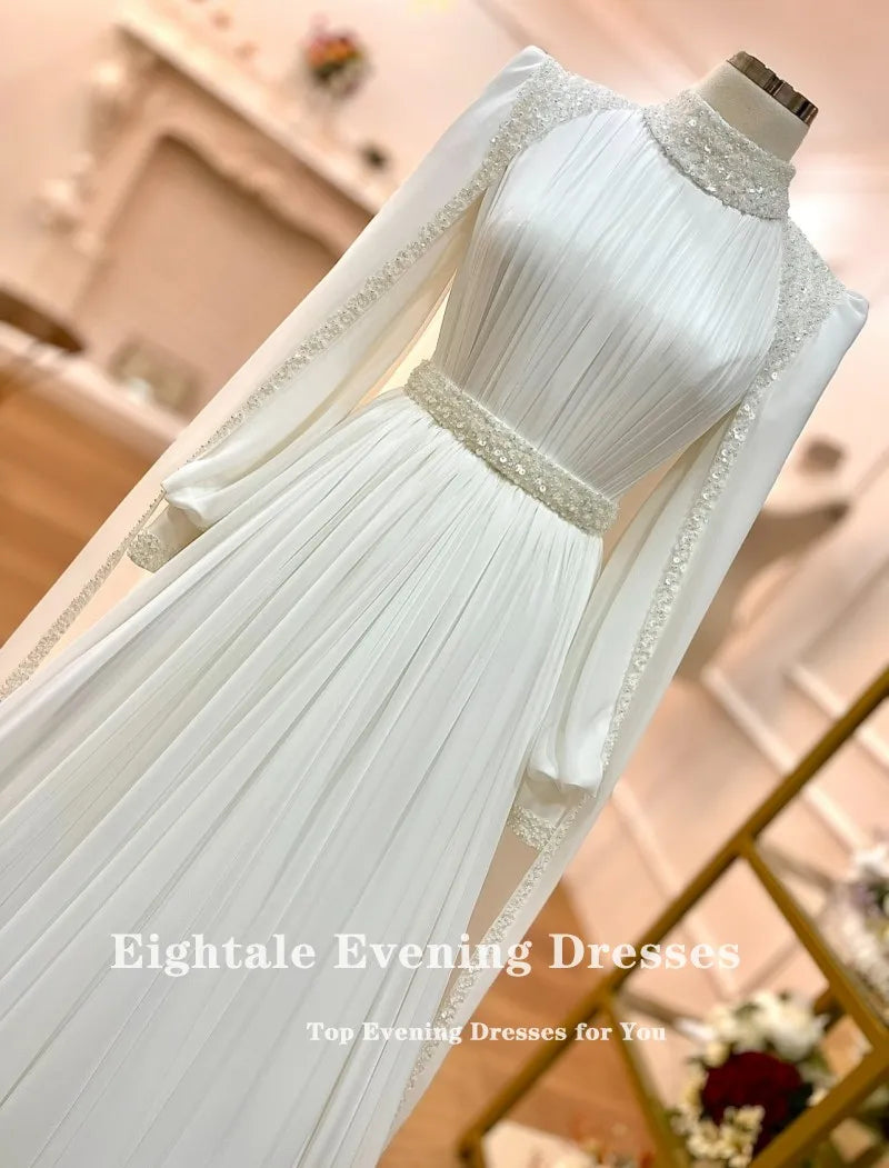 Eightale Arabic Wedding Dress High Neck Customized Ivory Bridal Gown Long Sleeves Muslim A-Line Sequin Bride Party Dress