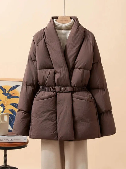New Fashion Temperament Cotton Coat Women Winter Warm Solid Color V-neck Gathered Waist Jacket Coats Parkas with Belt