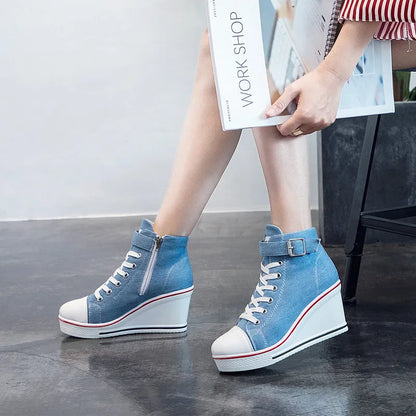 High Top Canvas Women Wedge Shoes Women's Denim Ankle Lace Up Ladies Ankle Canvas Shoes Woman 8cm Heels Sneakers
