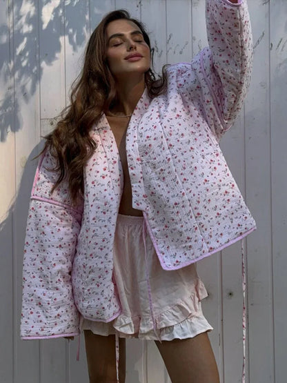 Casual Flower Printed Women Thick Coat Loose Lace Up Full Sleeve Female Quilted Jackets 2024 Autumn Winter Warm Lady Outwears