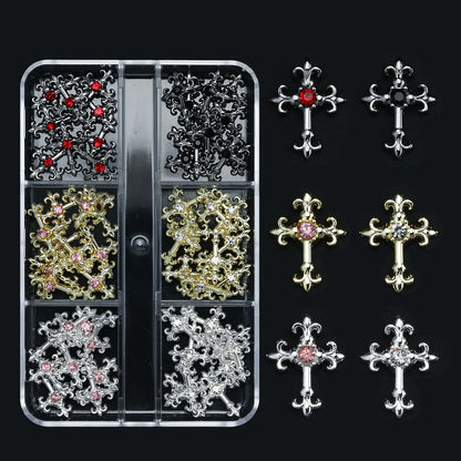 3d cross nail art zircon embedded retro alloy rhinestones Y2K gothic punk metal style nail accessories DIY charm nail decoration