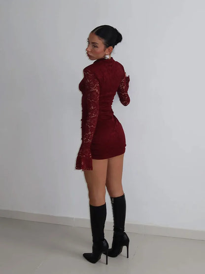 Ahagaga Sexy Lace Women's Mini Dresses Solid Sheer Hollow Out Turtleneck Long Flare Sleeves Sheath Bodycon Streetwear Vestidos