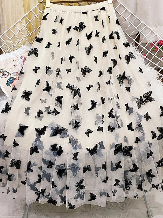 Butterfly Flocking Tulle Long Skirt Women Aesthetic Casual A Line Elastic High Waist Midi Mesh Skirt Female Black