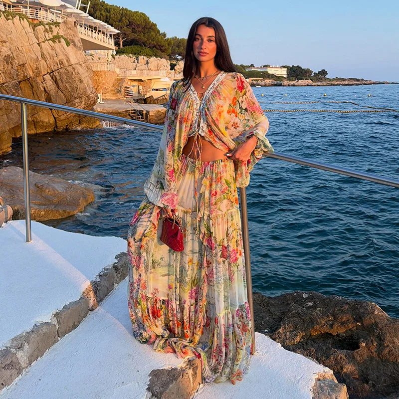 Vacation Floral Printed Cascading Ruffle Skirt Sets Women Sleeveless Sling Top Cake Long Skirts 2026 Summer Holiday Sweet Outfit