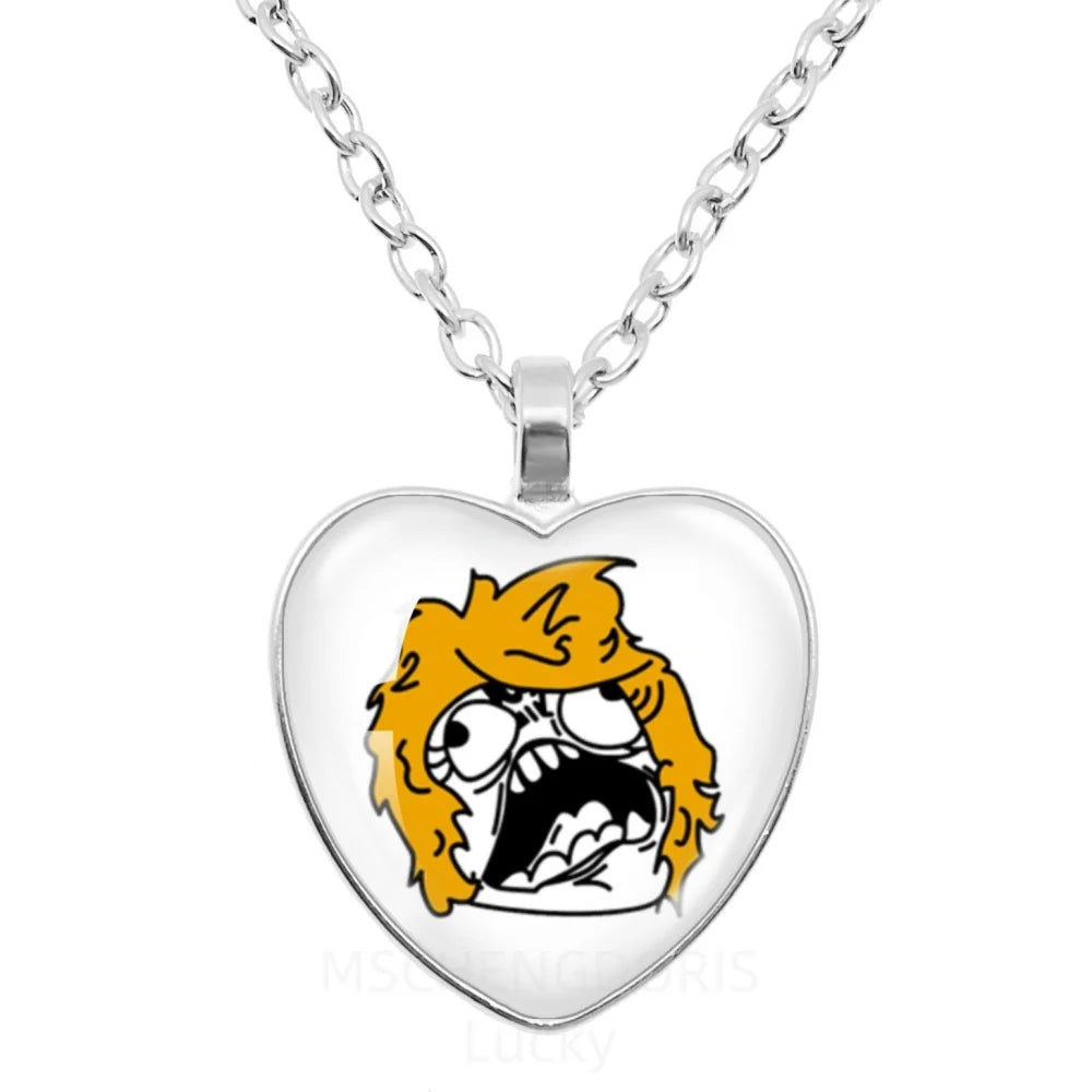 Rage Comic Necklace Derp Face Trollface Funny Meme Cartoon Glass Heart Shape Pendant Chain Necklace Charm Jewelry Collect Gift