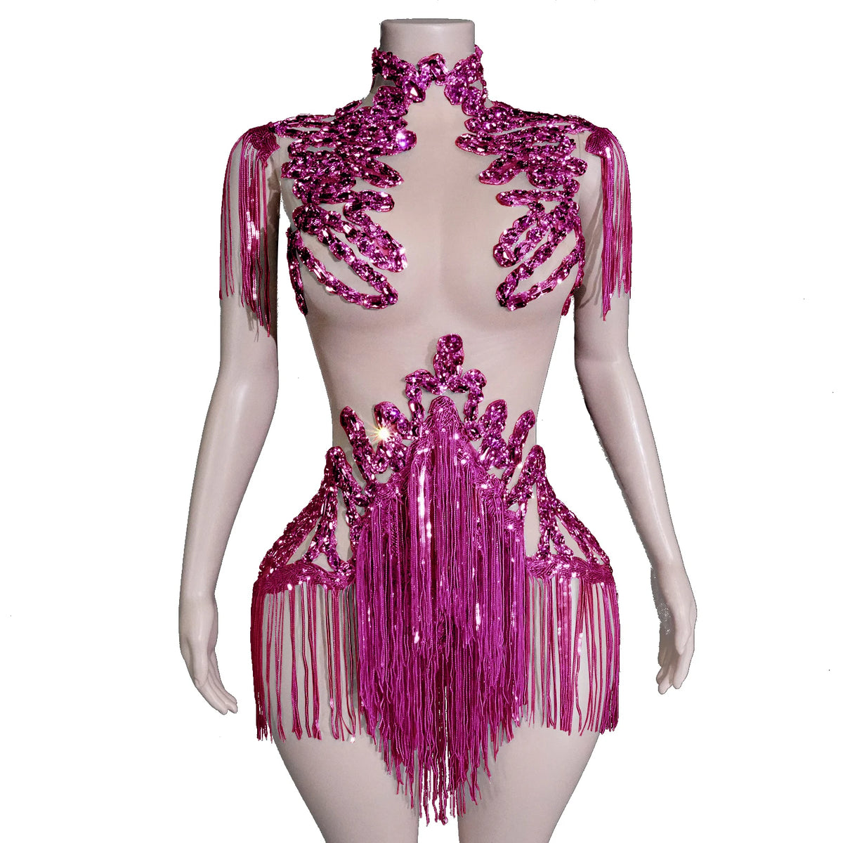 Black Sequins Fringes Leotard Mesh See through Party Bodysuit Women Sparkle Rhinestones Nightclub Prom Gogo Dance Stage Outfits