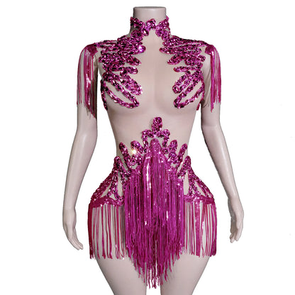 Black Sequins Fringes Leotard Mesh See through Party Bodysuit Women Sparkle Rhinestones Nightclub Prom Gogo Dance Stage Outfits