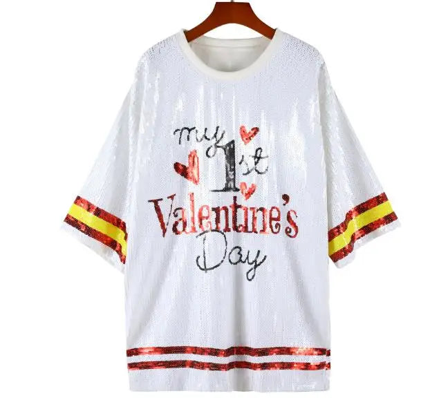 Summer Contrast Color Patchwork Geometry Letter Streetwear Short T-Shirt Sequins Hip Hop Night Club Women's Tops