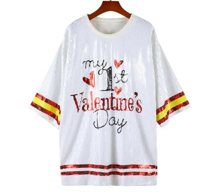 Summer Contrast Color Patchwork Geometry Letter Streetwear Short T-Shirt Sequins Hip Hop Night Club Women's Tops