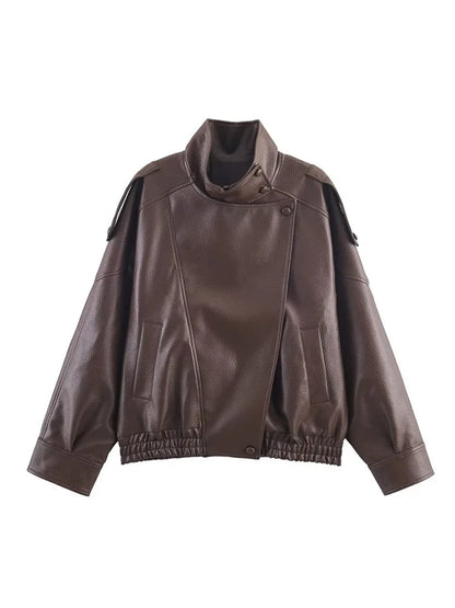 Fashion Stand Collar Women's Leather Jacket Loose Aasymmetric Zipper Buttons Full Sleeve Coat 2026 Spring Lady Biker Streetwear