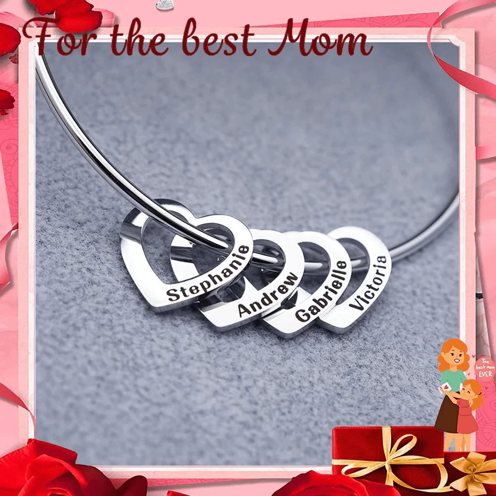 Custom Family Names Heart Beads Bangle Bracelet Personalized Names Heart Bracelet For Women Mom Gril Mother's Day Gift