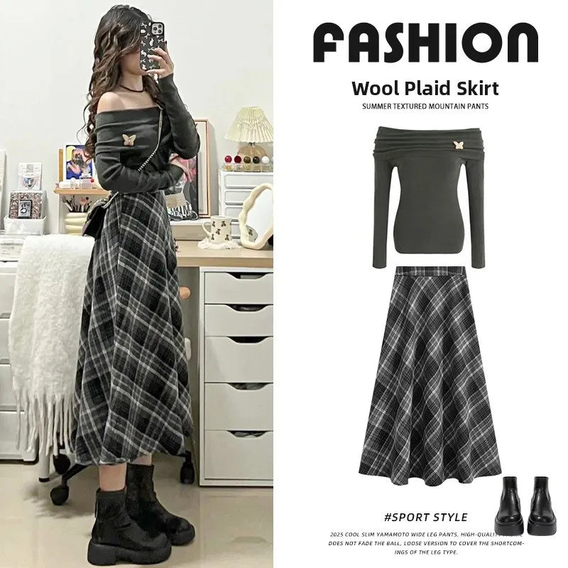 Plaid Woolen  Skirt Women's High Waist Slim A-Line Midi Spring Autumn Seasonal Umbrella Skirt Fashionable Ladies' Skirt