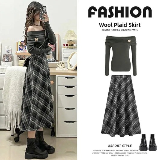 Plaid Woolen  Skirt Women's High Waist Slim A-Line Midi Spring Autumn Seasonal Umbrella Skirt Fashionable Ladies' Skirt