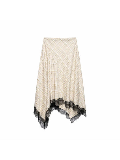 Women Vintage Chic Midi Skirt Elegant Women Plaid Lace Long Skirt New Summer  Commute Dinner Party Lady Skirt