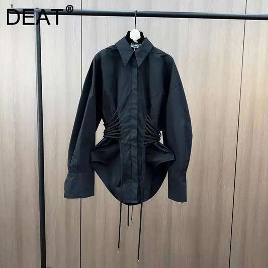 DEAT Fashion Trendy Bandage Design Shirt For Women Niche Design Black Long Sleeve Shirt Top Female 2026 Autumn New 11A01701