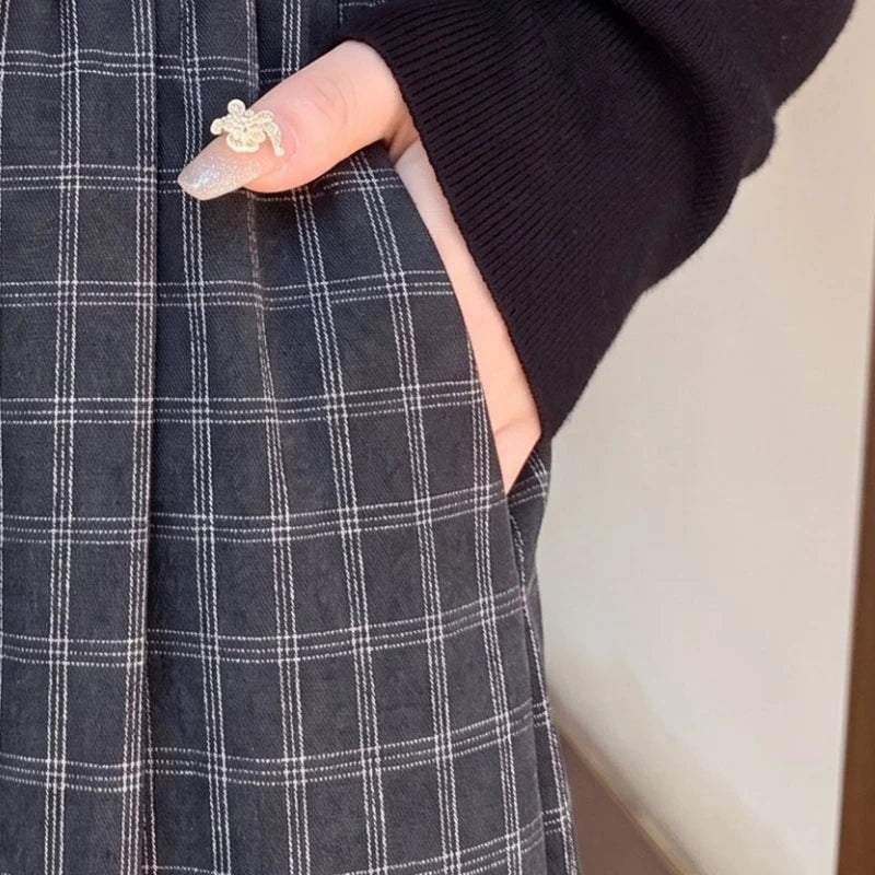 Women's Plaid Pleated Long Skirt with Pockets
