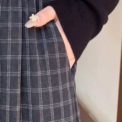 Women's Plaid Pleated Long Skirt with Pockets