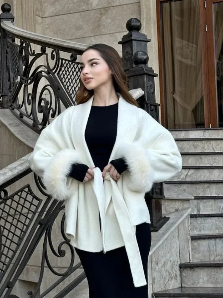 Retro Faux Fur Patchwork Woolen Maxi Coat Women Solid Full Sleeves V-neck Lace Up Loose Coats Lady Winter Commute Outwear New