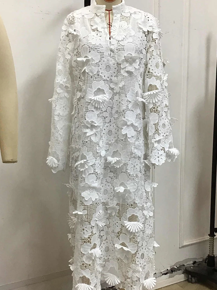White 3D Floral Lace Maxi Dress Stand Collar Half Zip Long Flare Sleeve Sheer Mesh Dress Women Hollow Out Cover Up Casual Dress