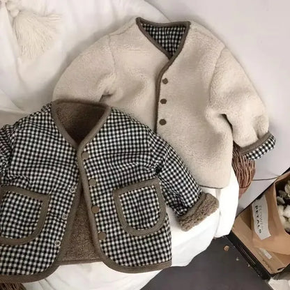 New Autumn and Winter New Warm Jacket Children Two Sides Wear Plaid Plush Jacket Kids Jackets Winter Clothes for Girls
