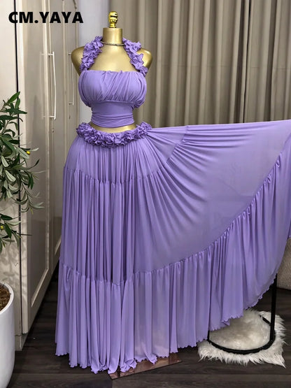 CM.YAYA Women sets Halter Ruffle 2 Piece Outfit Ruched Crop Top + Tiered Maxi Skirt Set evening vacation Formal Party Dress