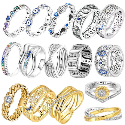 Fashion Rings for Women Stars and Moon Sunflower Pink Heart Zircon Luxury Wide Rings Fashion Engagement Wedding Jewelry Gift