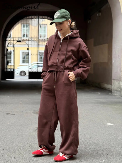 Women Tracksuits Winter Fleece Sweatsuit Brown Warm Crop Zipper Hoodies And Sweatpants Set For Women 2 Piece Velvet Pants Sets