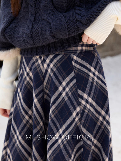 MISHOW Irregular Brushed Plaid Skirt for Women 2025 Winter Retro Blue Plaid Skirt Frayed Edge Midi A-line Skirts MXE86B2450