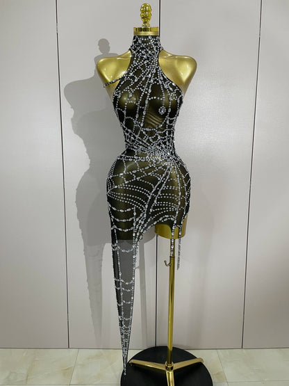 New Sparkly Diamonds Sexy Mesh Asymmetric Stretch Mini Dress Women Nightclub Bar Party Show Gogo Dancer Halloween Stage Costume
