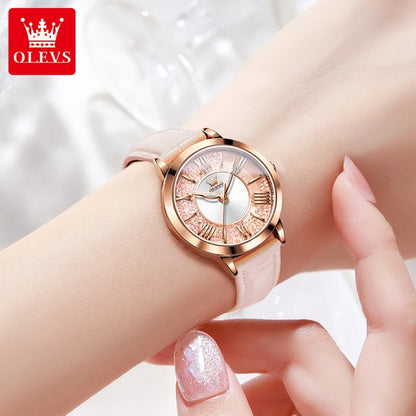 OLEVS Original Pink Leather Watch for Women Elegant Quartz Movement Waterproof Vintage Classic Watch Relojes para Mujer 5539