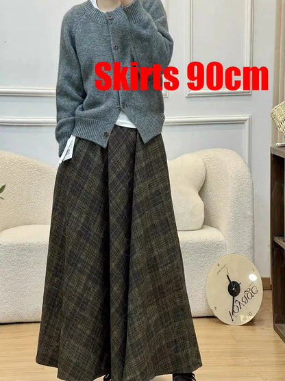 Vintage Plaid Midi Skirts for Women Korean High Waist Casual Faux Wool Skirts Y2K Elegant Office Lady All Match A Line Skirts
