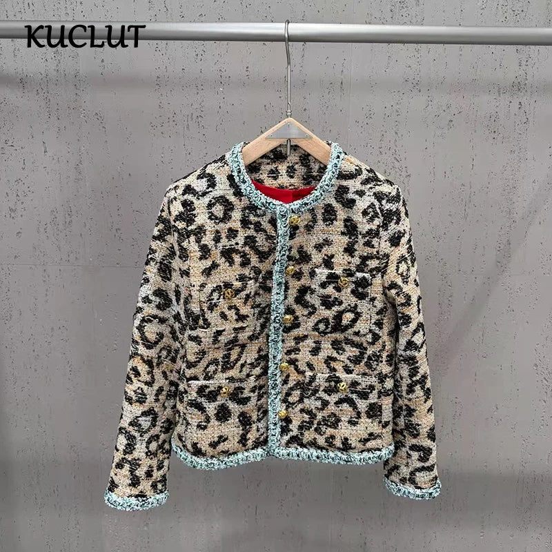 KUCLUT 2026 Autumn Winter Leopard Print Tweed Short Coat For Women Gold Buttons Contrast Color Versatile Elegant Jacket 1A4837