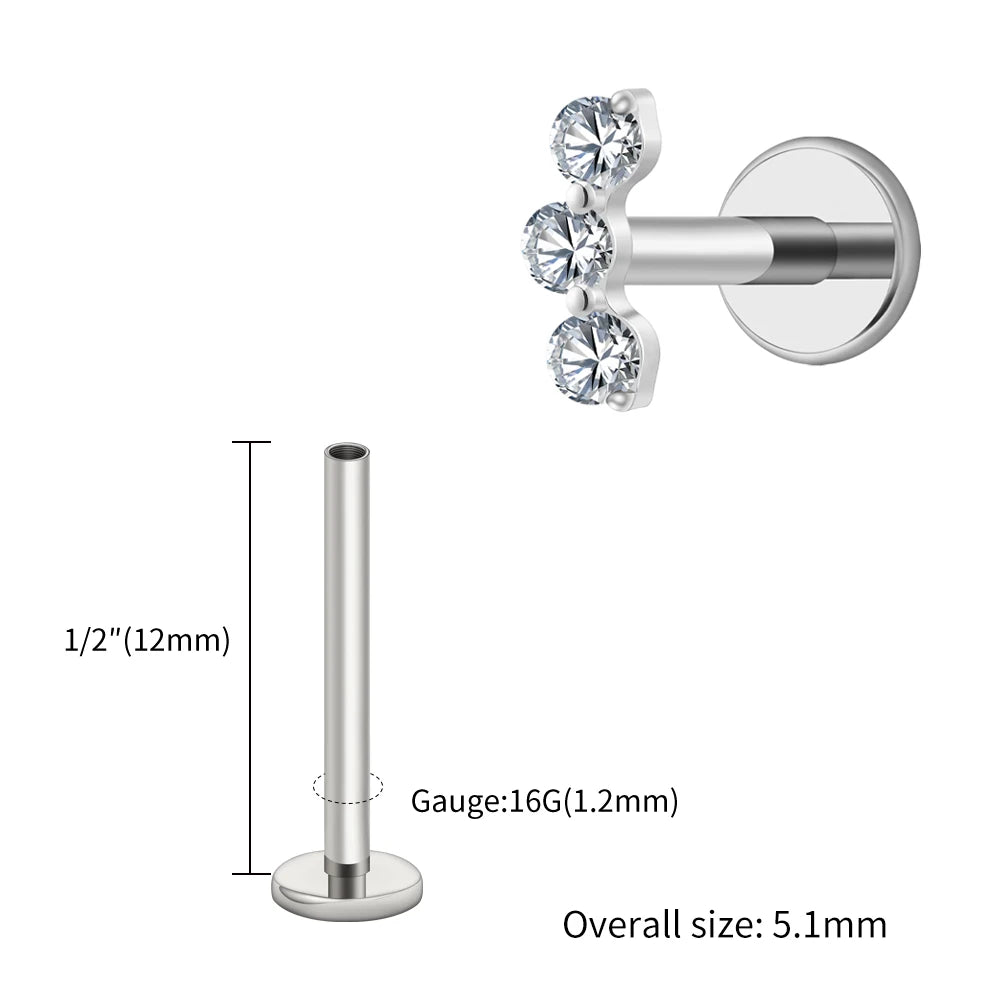 Right Grand ASTM F136 Titanium Triple CZ Helix Tragus Flat Back Earring 16G Dainty Ear Climber Cartilage Stud Piercing Jewelry