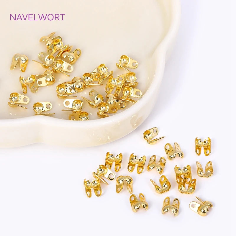 18K Gold Plated Brass 3.6mm Double-Cup Bead Tip with Two Rings,Calotte Crimp Beads For Jewelry Making Findings DIY Accessories