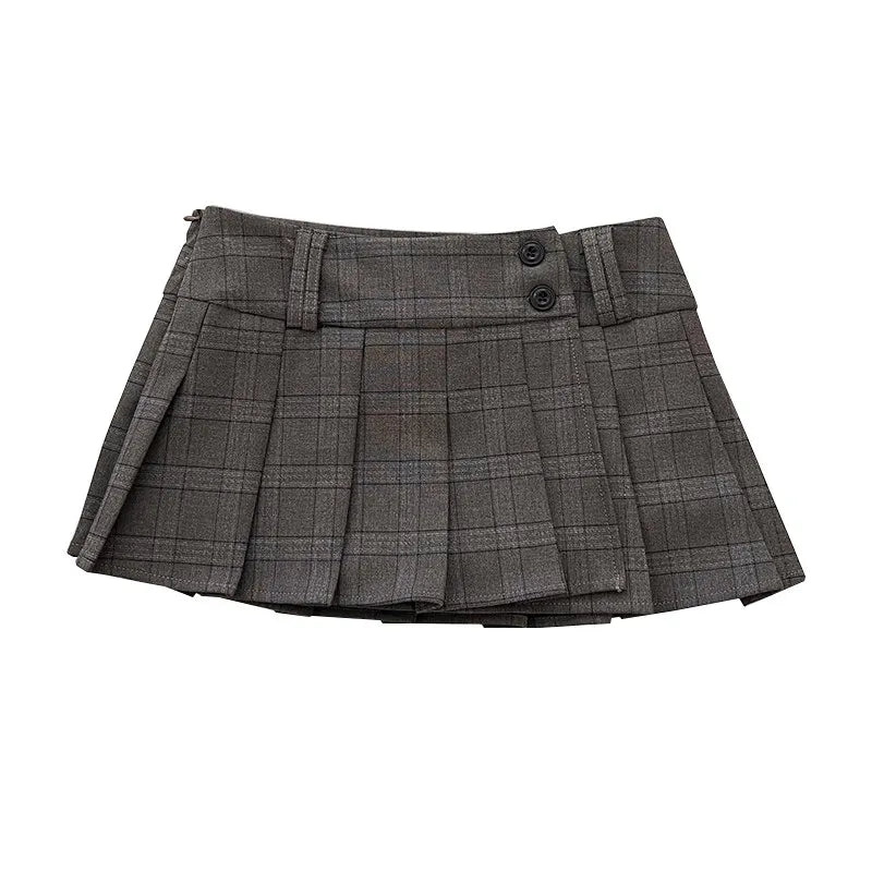 Women Khaki A-line Plaid Pleated Skirt Vintage Fashion Y2K Gyaru Skirt High Waist Preppy Style Retro Midi Skirt for Women Summer