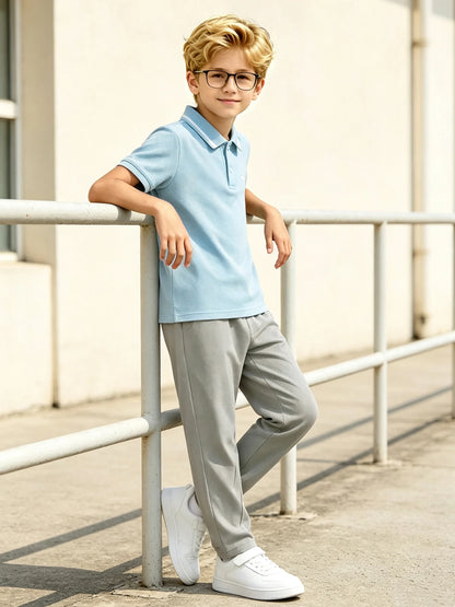 2-piece Summer Children's Casual Suit For Boys Cool Polo Short Sleeved Top Comfortable Solid Color Pocket Pants Trendy Clothing