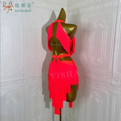 Latin Dance Competition Show Custom Adult Children's Red Fringe Dance Dress Ballroom Rumba Chacha Tango Performance Wear