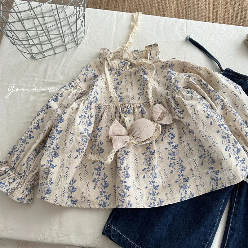deer jonmi 2026 New Autumn Toddlers Girls Printed Blouses Puff Sleeve Ruched Tops Korean Style Baby Kids Loose Shirts
