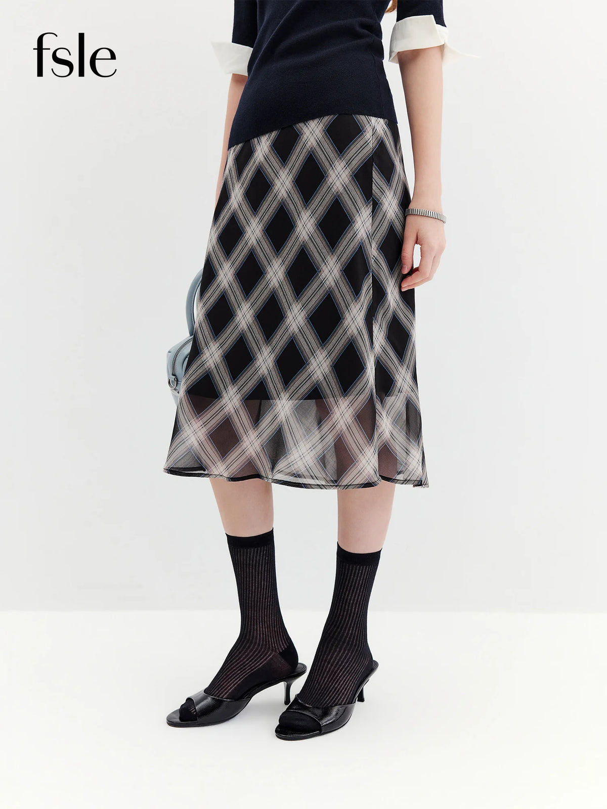 FSLE 2026 Fall Women's Vintage Contrast Plaid Elastic Waist Flowy Chiffon Straight Midi Skirt - Casual Chic Everyday Style