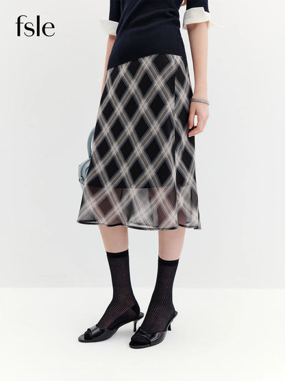 FSLE 2026 Fall Women's Vintage Contrast Plaid Elastic Waist Flowy Chiffon Straight Midi Skirt - Casual Chic Everyday Style