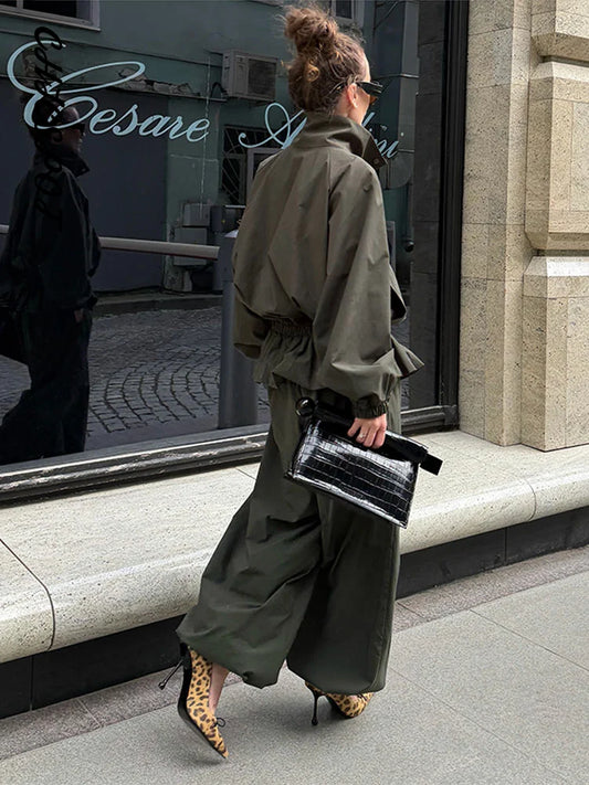 Women's Trousers 2 Pcs Sets Stand Collar Long Sleeve Single Breasted Pleated Ruffles Coats Lantern Pants Autumn Lady New Outfits